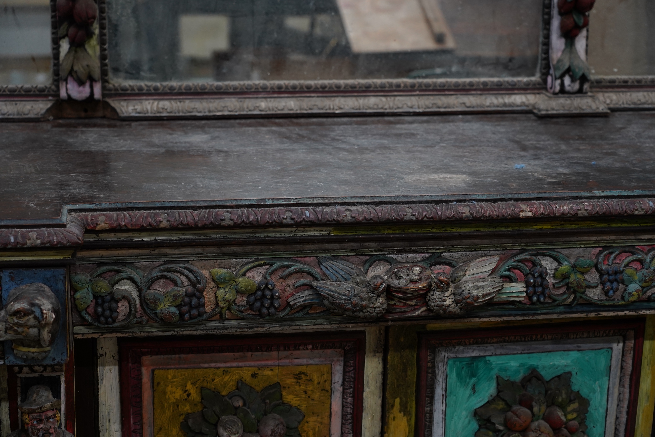 John Bratby (1928-1992): A monumental mirror backed buffet sideboard, polychrome decorated by the artist